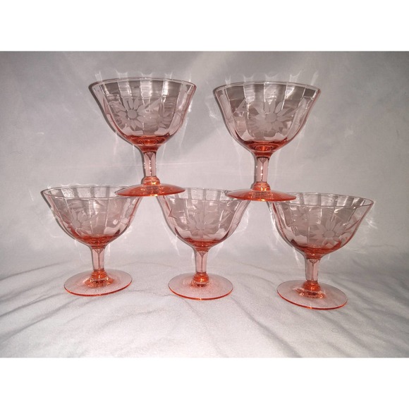 Pink depression glass sherbet flower etched stemware glasses (set of 5) - Picture 1 of 8